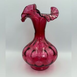 Vintage Fenton Cranberry Coin Dot Crimped Top Glass Vase 8"